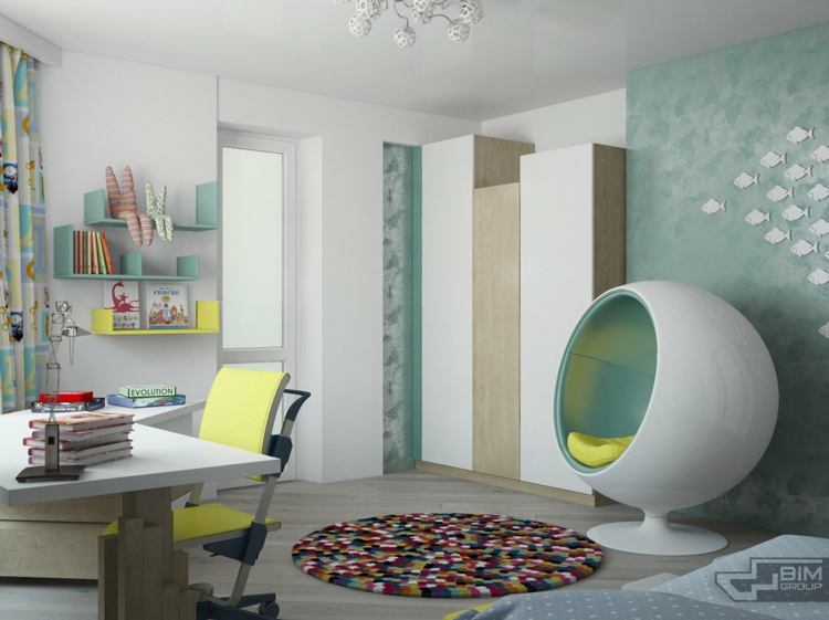 meubles-gris-appartement-chambre-enfant-peinture-turquoise-fauteuil-oeuf-tapis-rond meubles gris