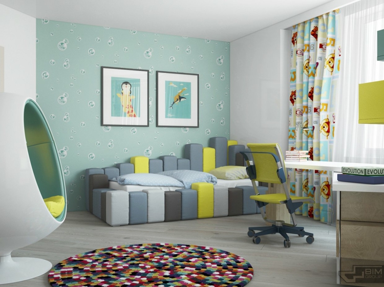 meubles-gris-appartement-chambre-enfant-tapis-feutre-lit-design-chaise-oeuf-bureau meubles gris