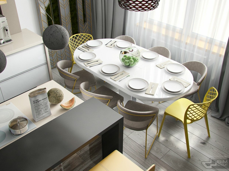 meubles-gris-appartement-coin-repas-table-ovale-blanche-chaises-gris-jaune meubles gris