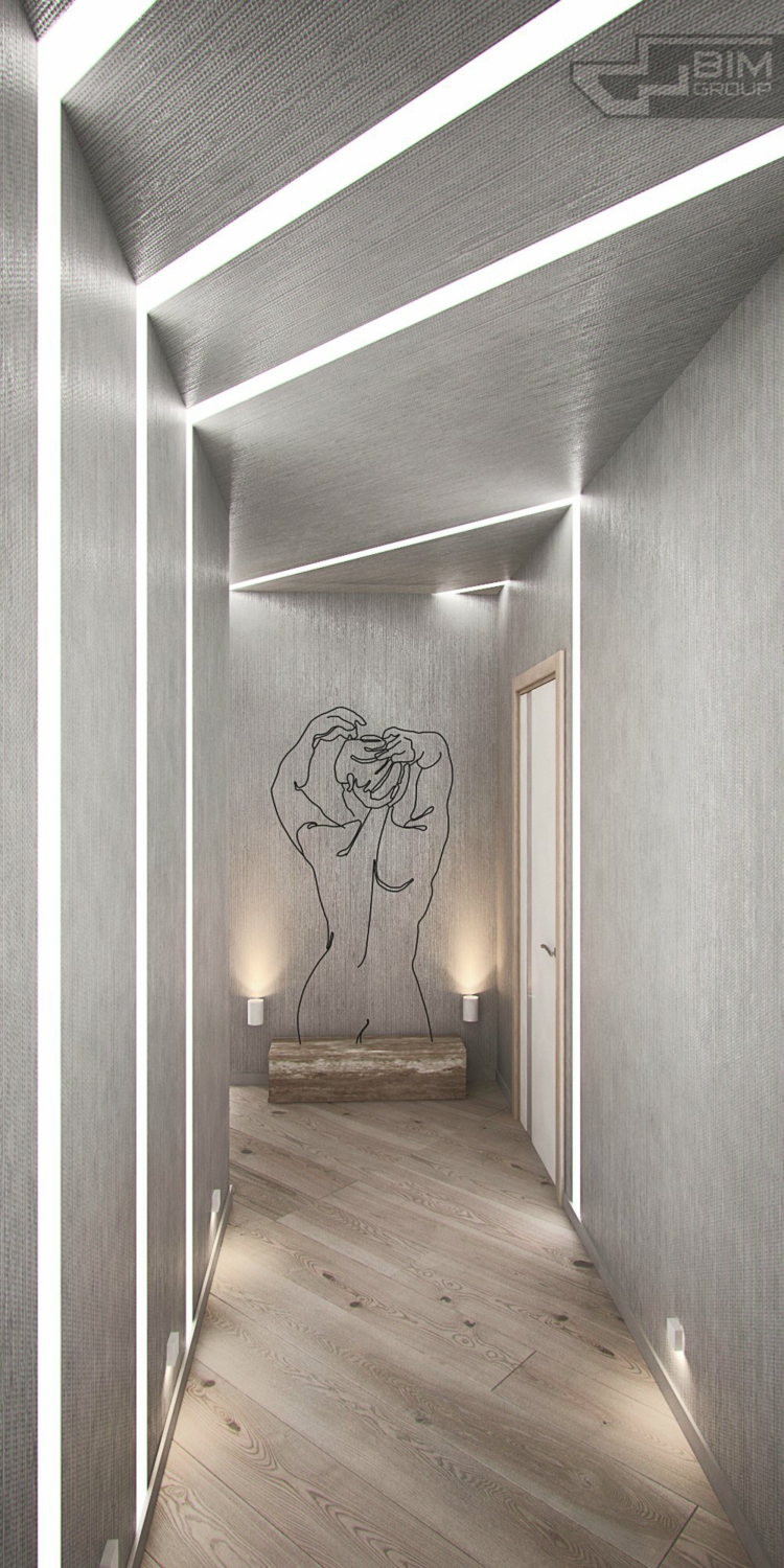 meubles-gris-appartement-corridor-gris-éclairage-indirect-déco-murale-femme