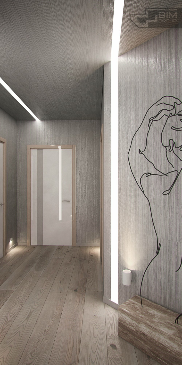 meubles-gris-appartement-corridor-sol-bois-murs-gris-déco-murale