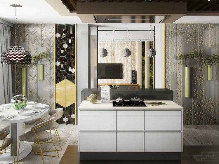 meubles-gris-appartement-cuisine-armoires-blanches-suspensions-coin-repas-déco-murale meubles gris