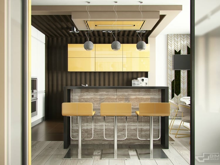 meubles-gris-appartement-cuisine-îlot-bar-chaises-bar-jaunes-armoires-façade-jaune