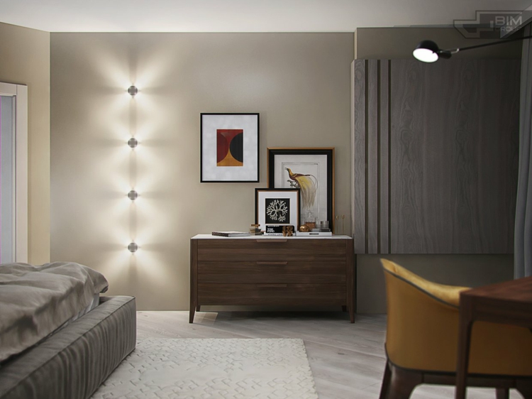 meubles-gris-appartement-lit-gris-peinture-urale-sable-panneau-mural-commode-bois