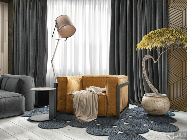 meubles-gris-appartement-rideaux-gris-foncé-canapé-gris-fauteuil-orange-tapis meubles gris