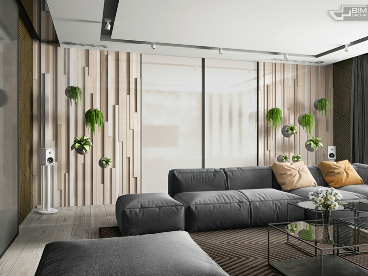 meubles-gris-appartement-salle-séjour-canapé-gris-tapis-panneaux-muraux-bois