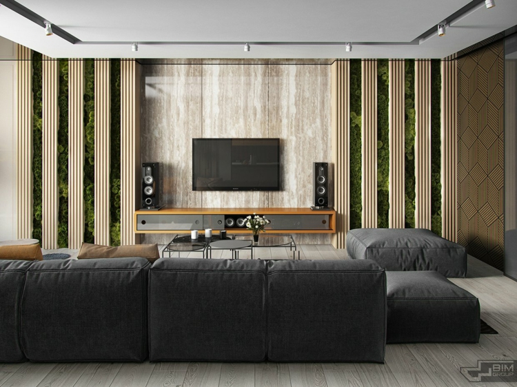 meubles-gris-appartement-salle-séjour-jardin-vertical-mousse-canapé-gris-foncé meubles gris