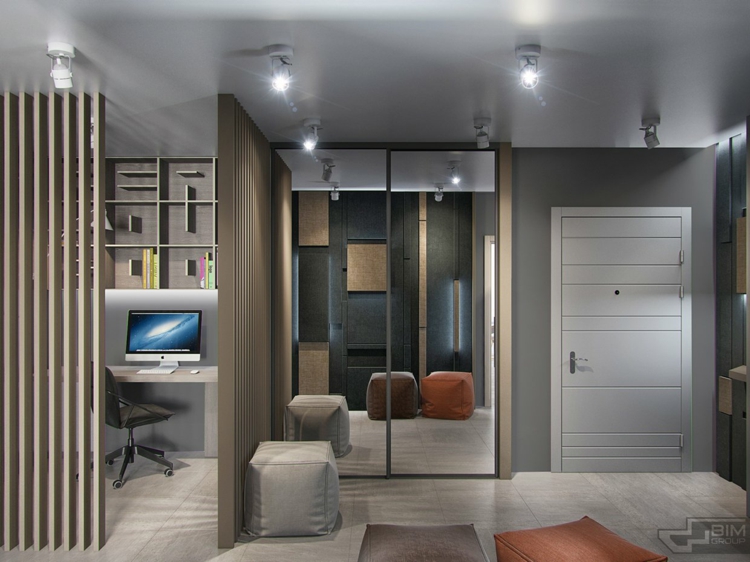 meubles-gris-appartement-tabourets-gris-terre-cuite-mur-miroir-bureau-domicile