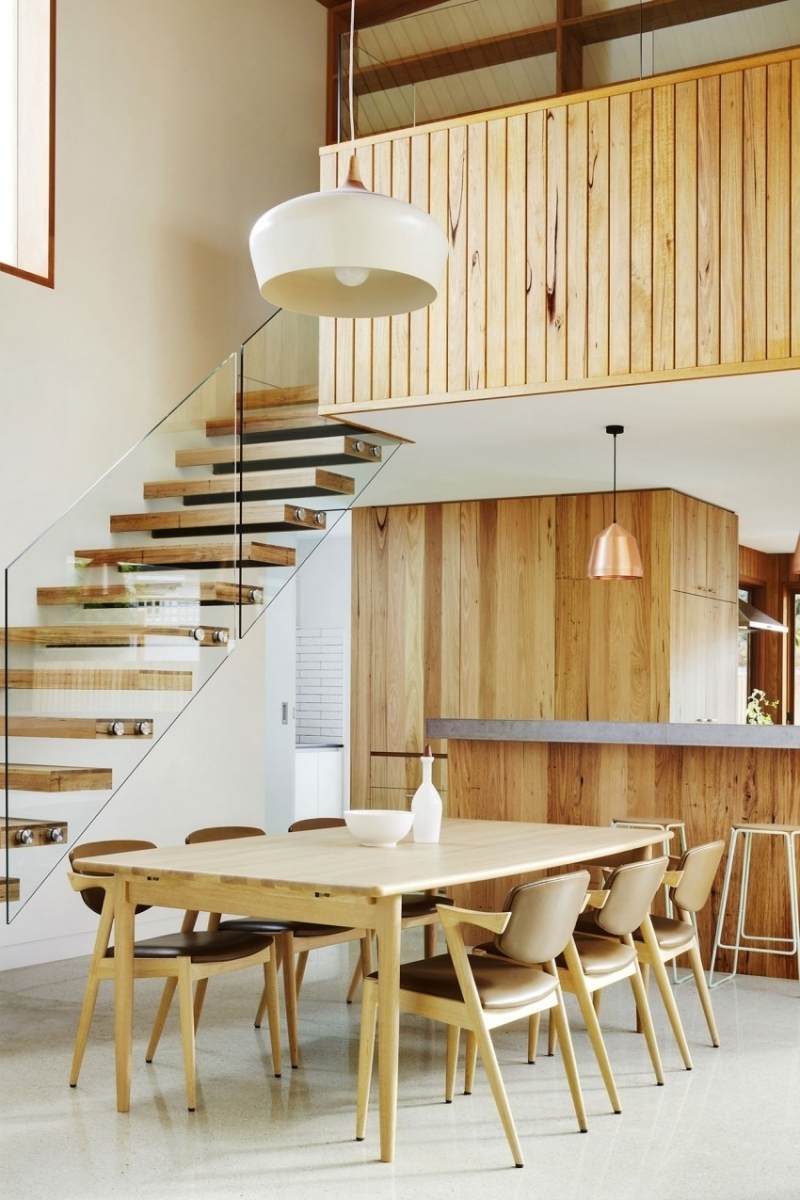 meubles-salle-à-manger-table-rectangulaire-suspension-revetement-mural-bois