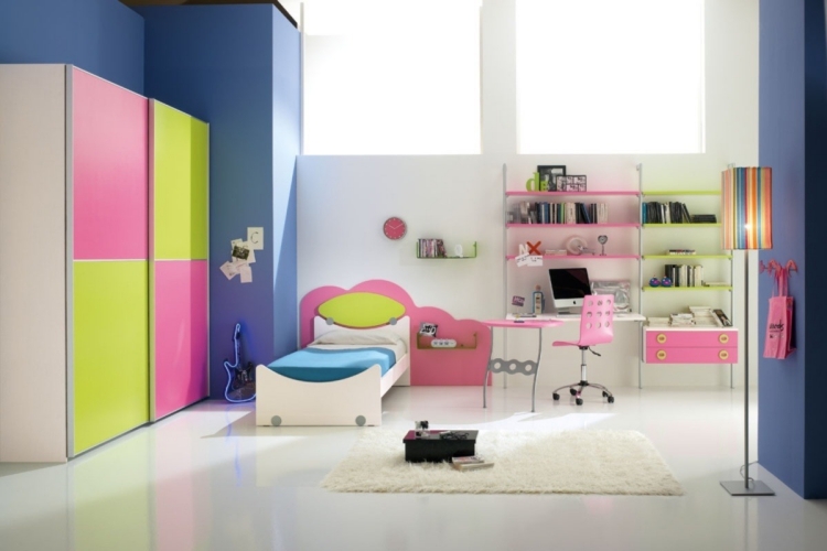 mobilier-chambre-enfant-armoire-rangement-jaune-rose-etageres-bureau-chaise