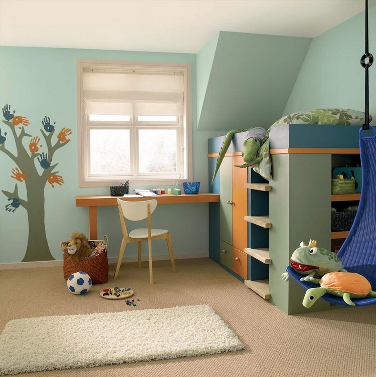 mobilier chambre enfant -lit-mezzanine-vert-aroire-encastree-coin-bureau