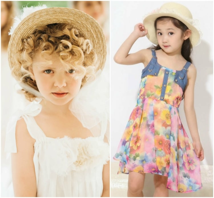 mode-petite-fille-été-chapeau-paille-robe-blanche-motifs-floraux-jean