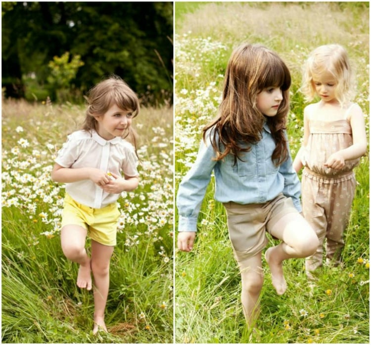 mode-petite-fille-été-chemise-jean-ensemble-beige-motifs-floraux-shorts-jaunes-chemise-blanche mode petite fille