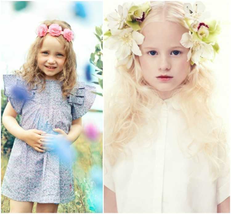 mode-petite-fille-été-robe-courte-bleu-clair-blanc-couronne-fleurs-orchidées