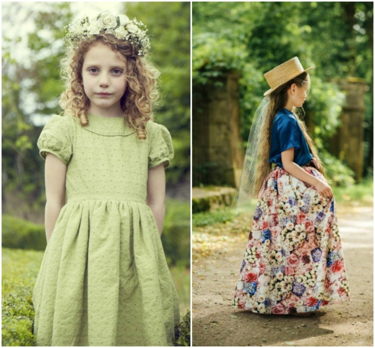 mode-petite-fille-été-vintage-robe-vert-clair-couronne-fleurs-robe-bleu-motifs-floraux