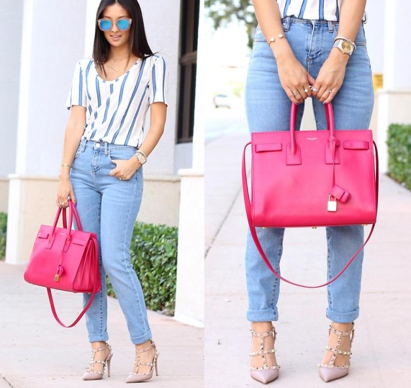 mode-été-2015-femme-jeans-taille-haute-sac-magenta