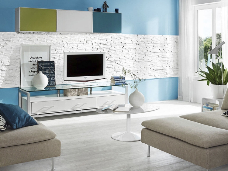 panneau-mural-3d-mur-demi-peint-bleu-parement-blanc-meuble-tv-blanc
