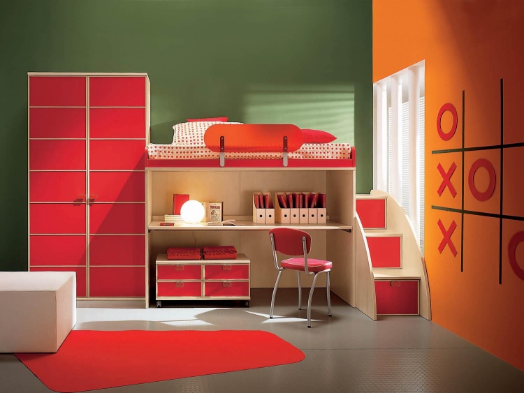 peinture chambre enfant verte orange meubles bois clair rouge