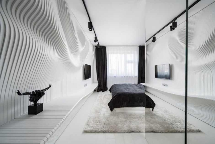 peinture-grise-chambre-coucher-grand-lit-tapis-rectangulaire-statue