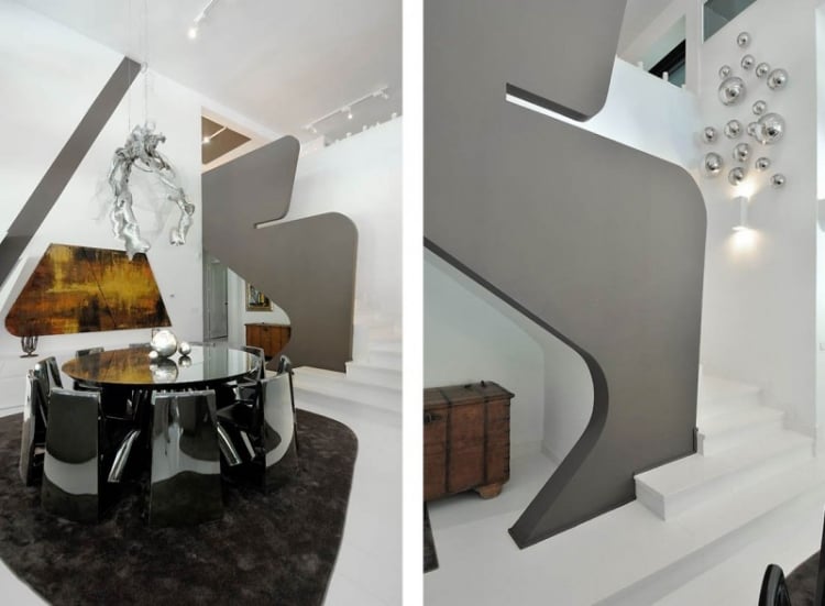 peinture-grise-deco-murale-table-ronde-plateau-verre-chaise-tapis-suspension