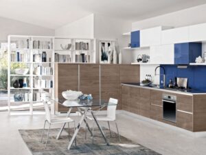 peinture-murale-cuisine-blanche-armoires-façades-blanches-bleues-bois-meuble-rangement