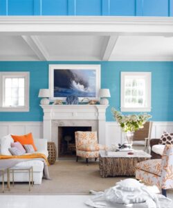 peinture-turquoise-deco-salon-cheminee-chaise-table-tableau
