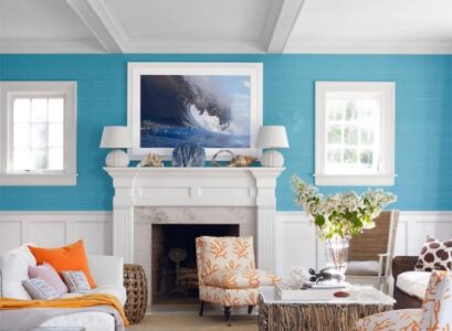 peinture-turquoise-deco-salon-cheminee-chaise-table-tableau