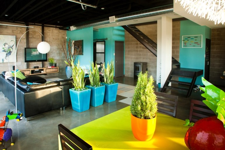 peinture-turquoise-murale-jardinières-canapé-angle-noir-table-manger-jaune
