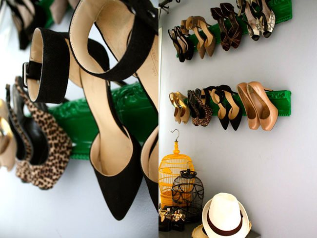 rangement-chaussures-original-corniche-verte-collée-mur