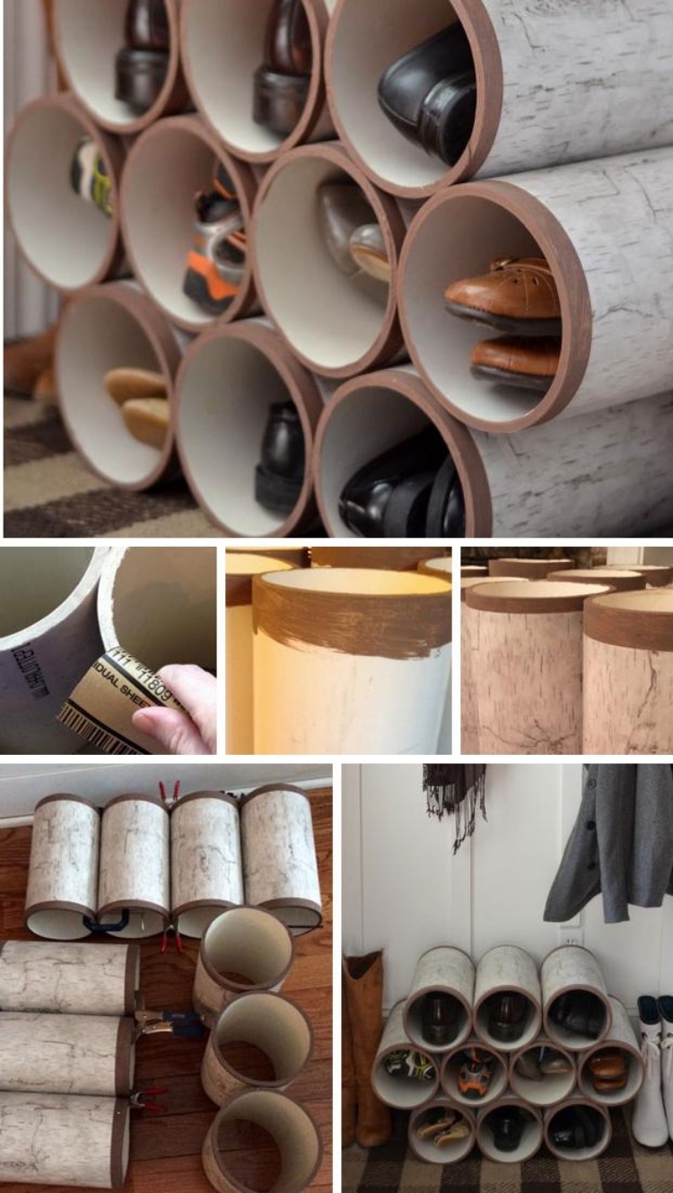 rangement-chaussures-original-tubes-plastique-poncés-décorés