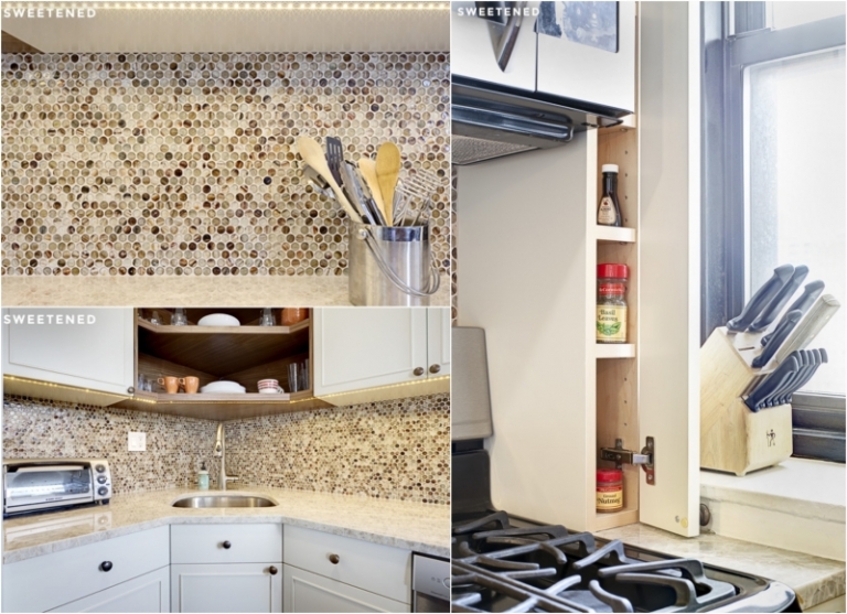 renovation-cuisine-mosaique-murale-pois-plan-travail-marbre-armoires-personnalisées rénovation cuisine