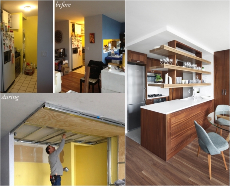 renovation-cuisine-îlot-bois-étagères-armoires-coin-repas-chaises-grises rénovation cuisine