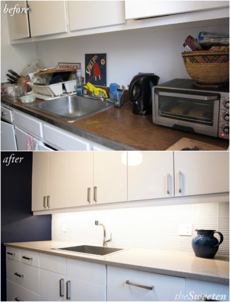 renovation-petite-cuisine-armoires-blanches-plan-travail-blanc rénovation cuisine