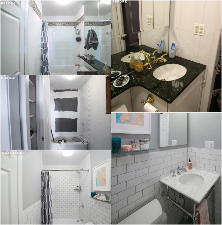 renovation-salle-bains-carrelage-mural-métro-blanc-plan-vasque-marbre