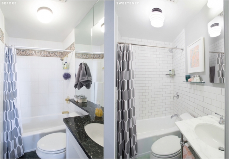 renovation-salle-bains-carrelage-métro-blanc-rideau-douche-gris-plafonnier-robinetterie