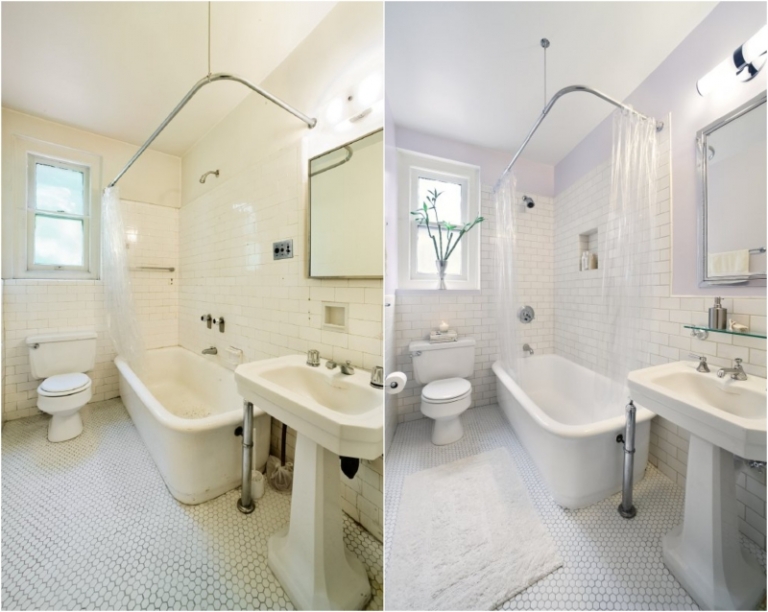 renovation-salle-bains-mosaique-hexagonale-blanche-métro-aignoire-douche-sanitaire-blanc