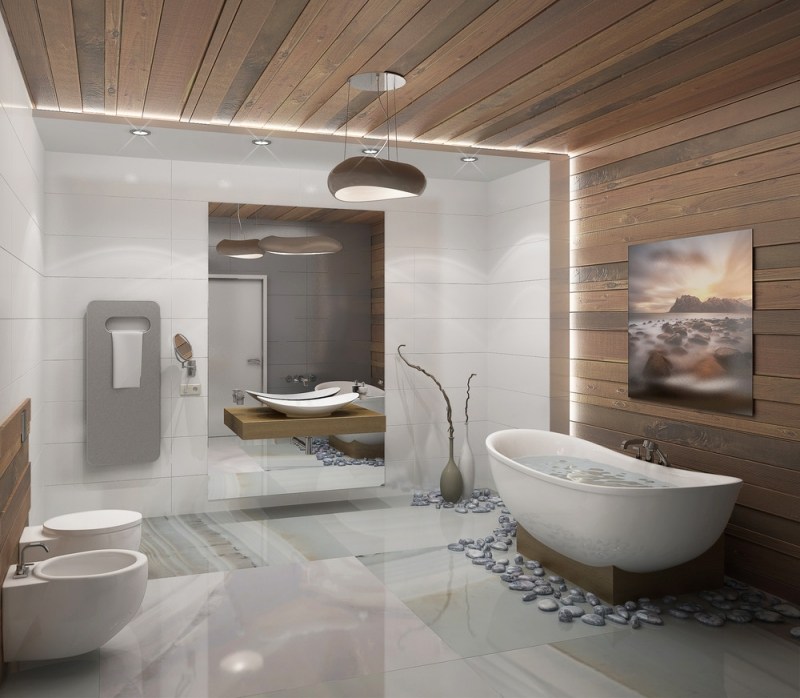 revêtement mur plafond salle bain lambris bois moderne