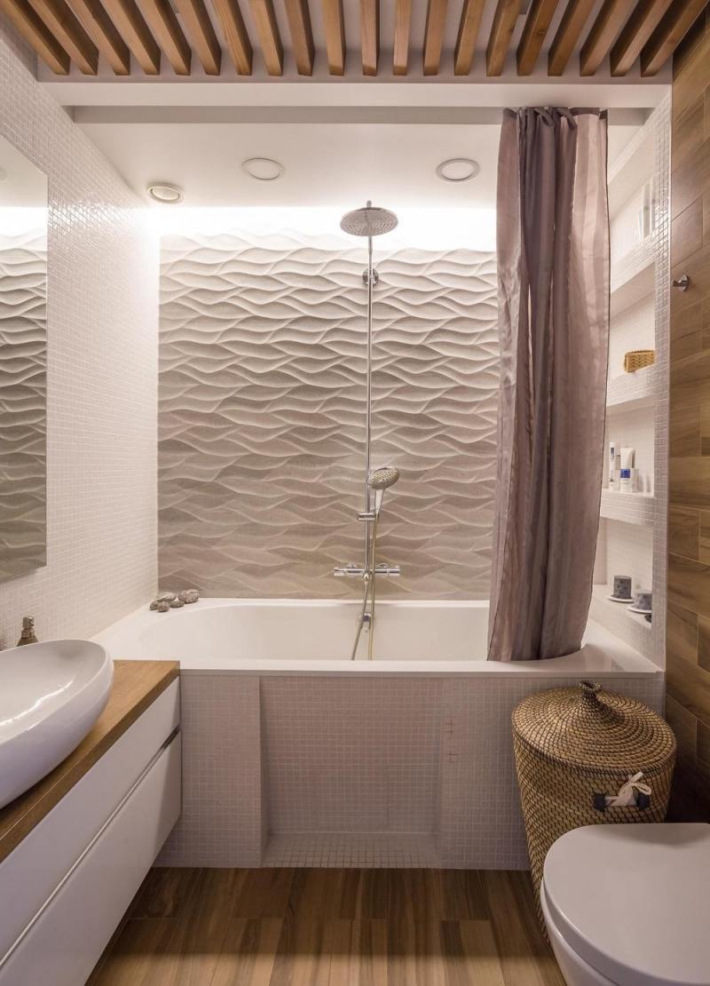 revêtement mural salle bain panneaux 3D lambris bois