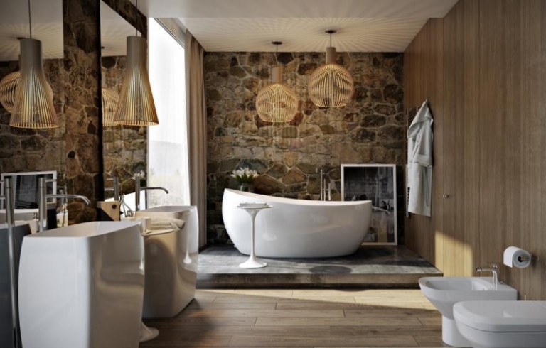 revêtement mural salle bain pierre naturelle panneaux bois
