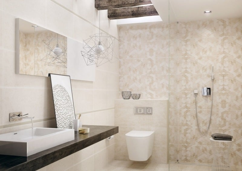 salle-bain beige blanche plan solives bois suspension design