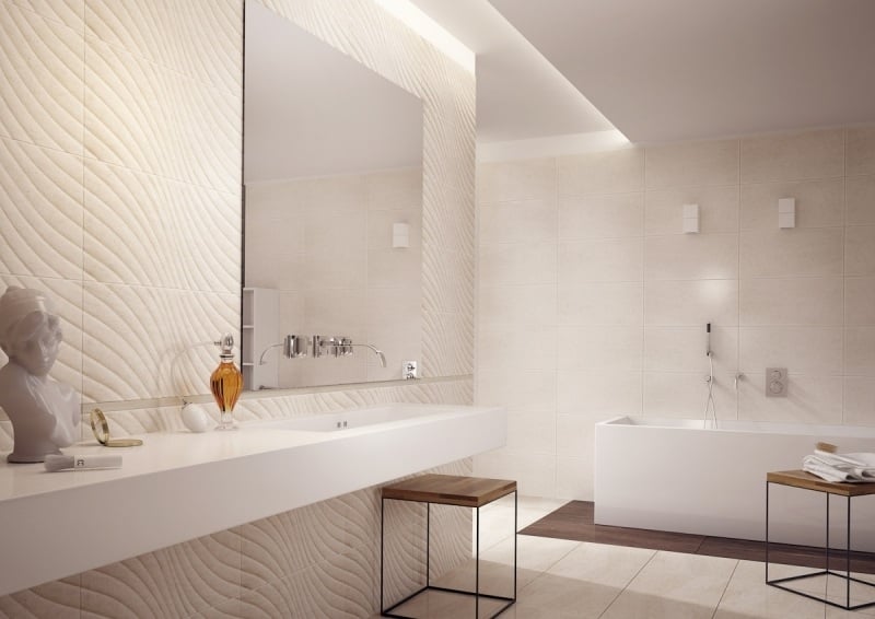 salle-bain-beige carrelage relief grès cérame cubes