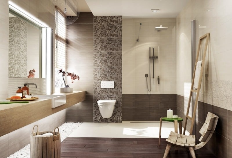 salle-bain-beige grise carrelage motifs meubles bois