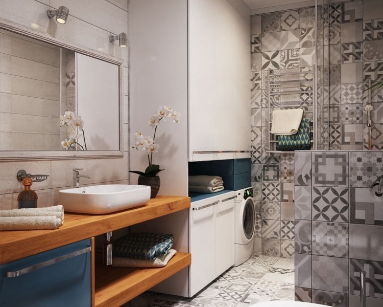 salle de bains grises carreaux ciment plan vasque bois