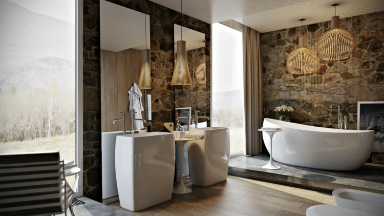 salle-de-bains-de-luxe-baignoire-ovale-vasques-suspensions-revetement-mural
