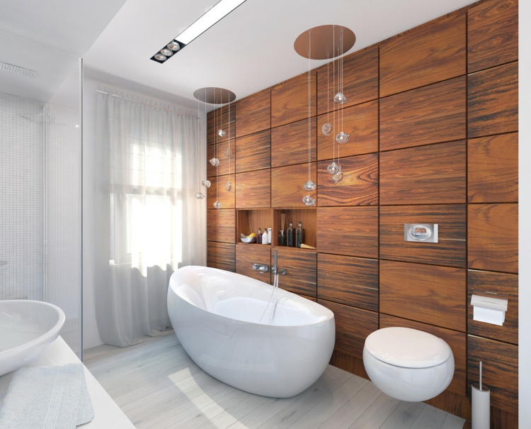 salle-de-bains-de-luxe-revetement-mural-imitation-bois-suspensions-baignoire-ovale