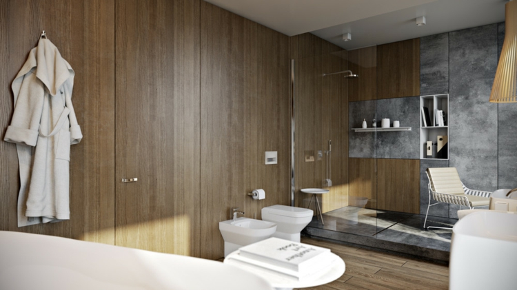 salle-de-bains-de-luxe-toilettes-chaises-etageres-peinture-murale-grise