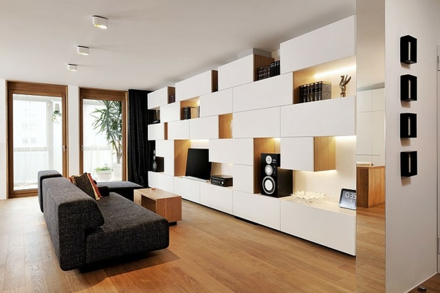 salon moderne meuble télé blanc modulaire jeu Tetris