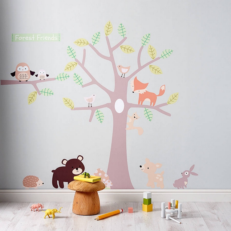 sticker mural chambre bébé animaux-forêt-couleurs-pastel