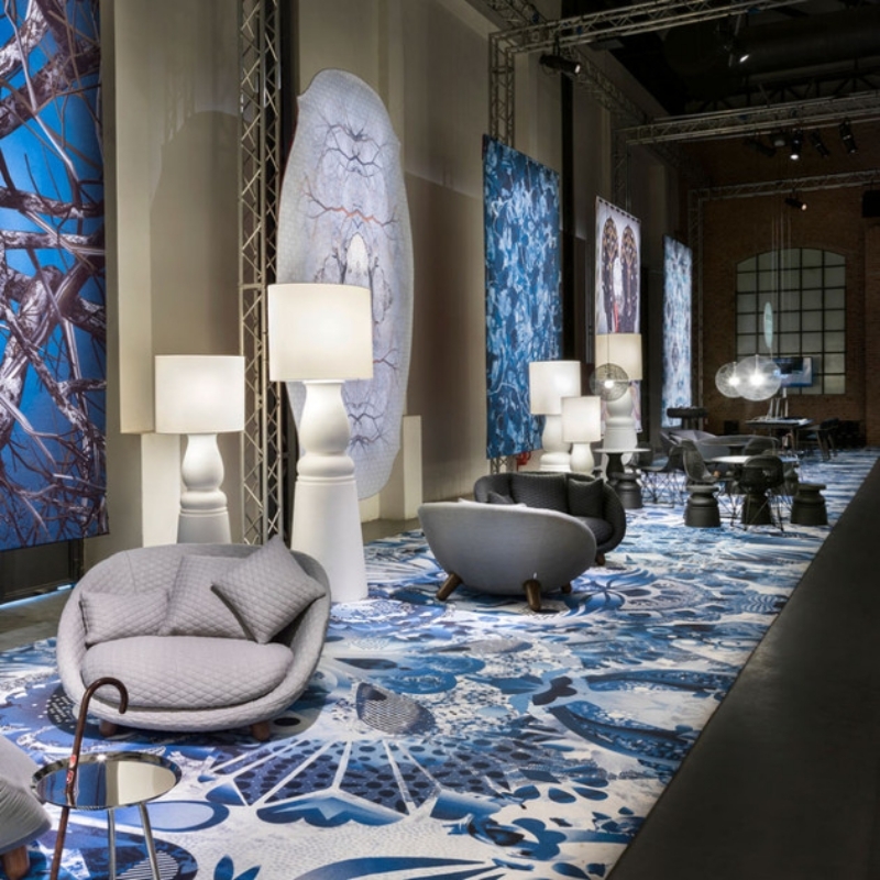 tapis design imprimé motifs blancs-bleus-Marcel-Wanders