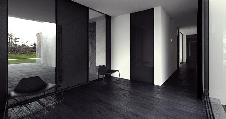 1architecture-interieure-moderne-couloir-chaises-noires-sol-bois-sombre
